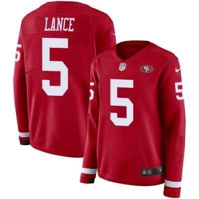 Nike San Francisco 49ers #5 Trey Lance Red Team Color Women's Stitched NFL Limited Therma Long Sleeve Jersey